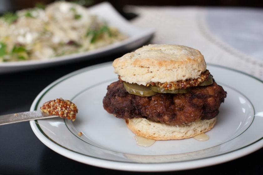 FRIED CHICKEN SANDWICHES ON BLACK PEPPER BISCUITS