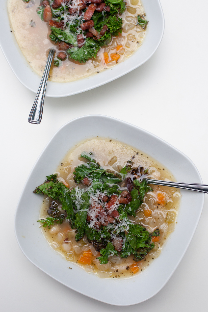WHITE BEAN SOUP WITH CRISP BACON AND KALE