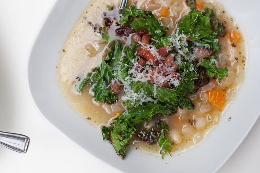 WHITE BEAN SOUP WITH CRISP BACON AND KALE