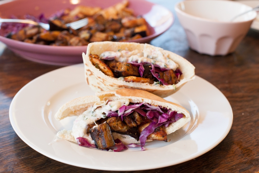 Grilled Eggplant and Chicken Pitas with Tzatziki Recipe