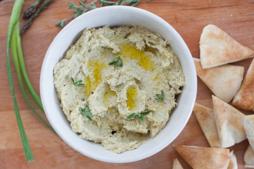 ROASTED ARTICHOKE AND ASPARAGUS DIP WITH OREGANO OIL PITA CHIPS