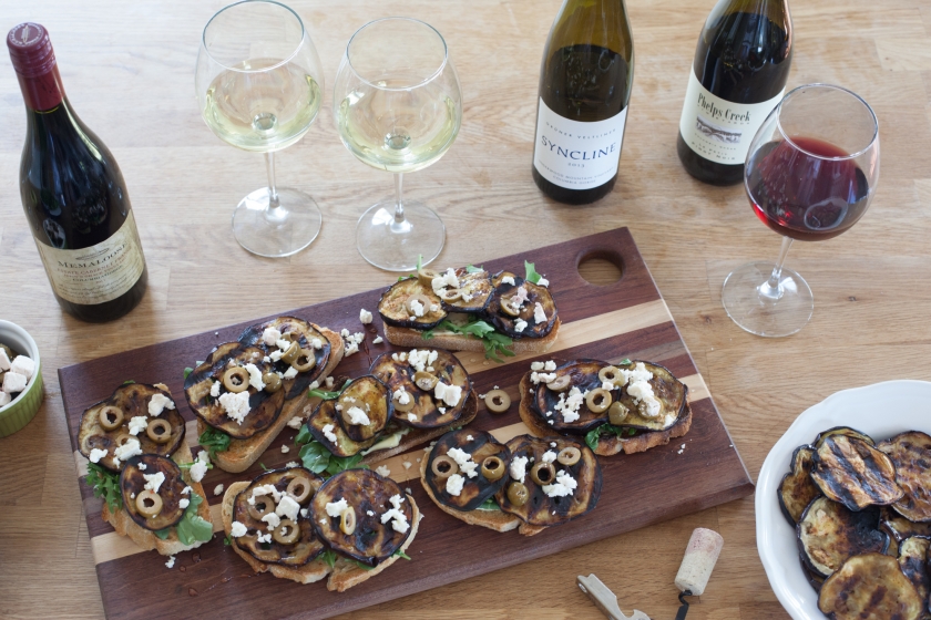 GRILLED EGGPLANT TARTINES WITH ARUGULA, FETA, GREEN OLIVES AND HONEY