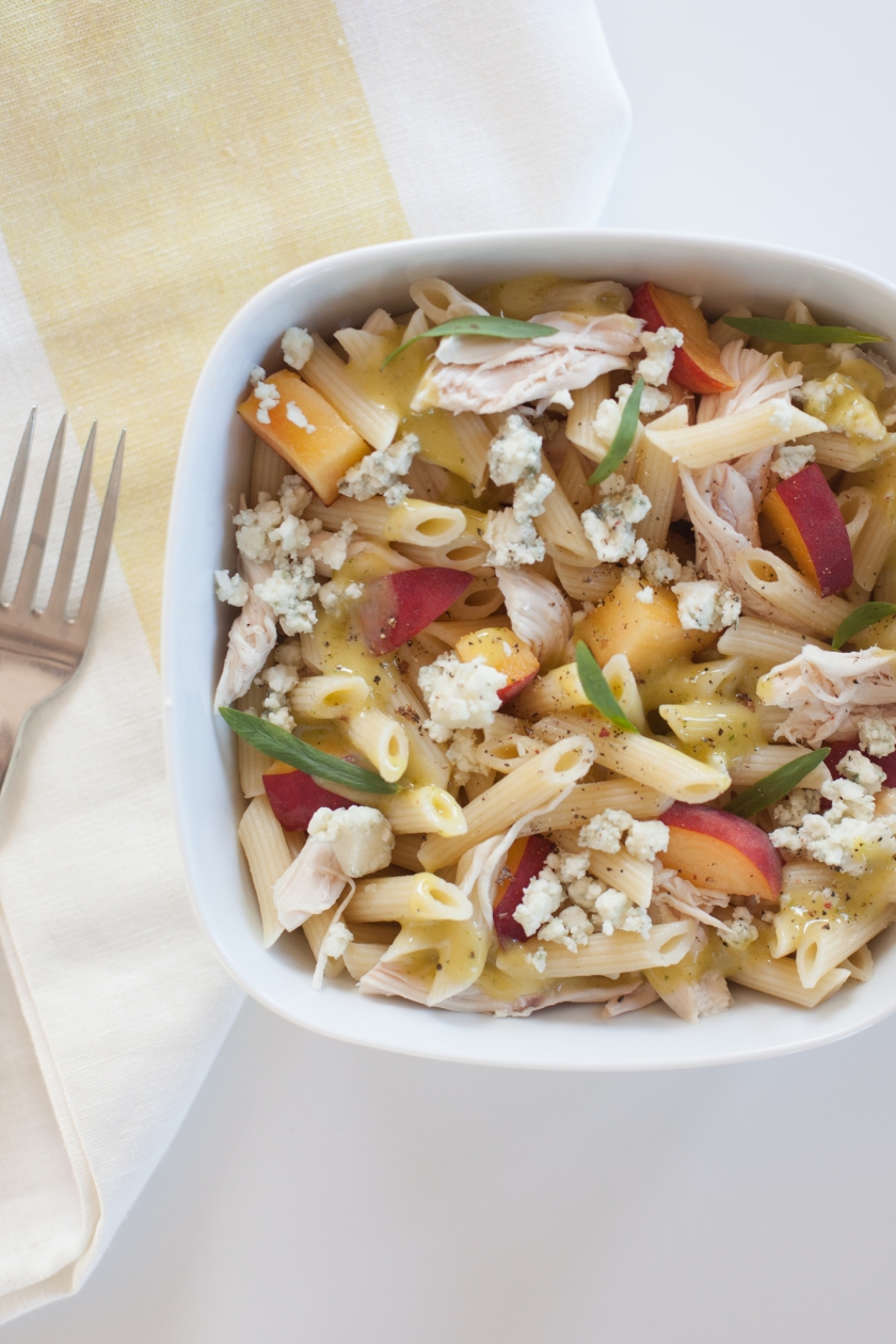 COLD PENNE WITH ROASTED CHICKEN, PEACHES, GORGONZOLA AND TARRAGON