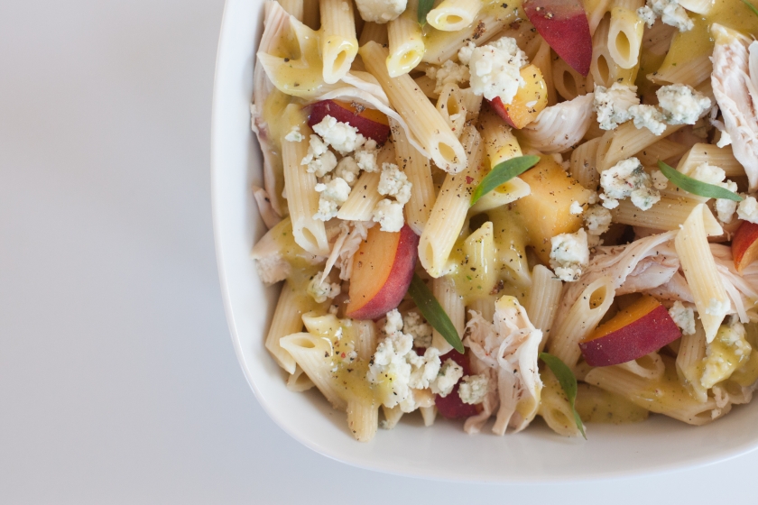 COLD PENNE WITH ROASTED CHICKEN, PEACHES, GORGONZOLA AND TARRAGON