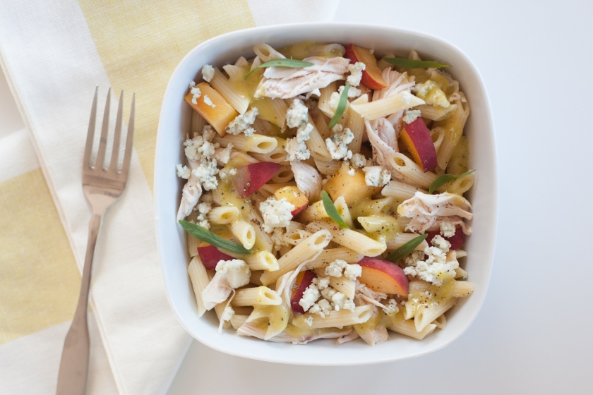 COLD PENNE WITH ROASTED CHICKEN, PEACHES, GORGONZOLA AND TARRAGON