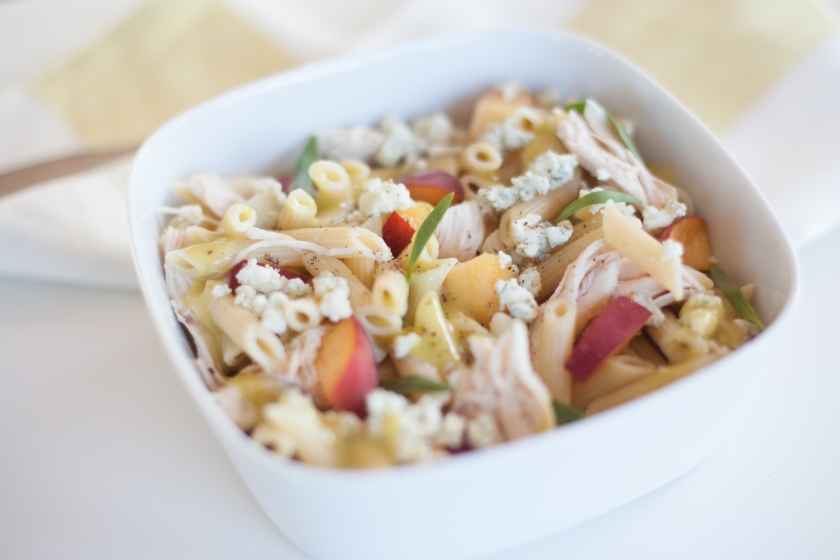 COLD PENNE WITH ROASTED CHICKEN, PEACHES, GORGONZOLA AND TARRAGON