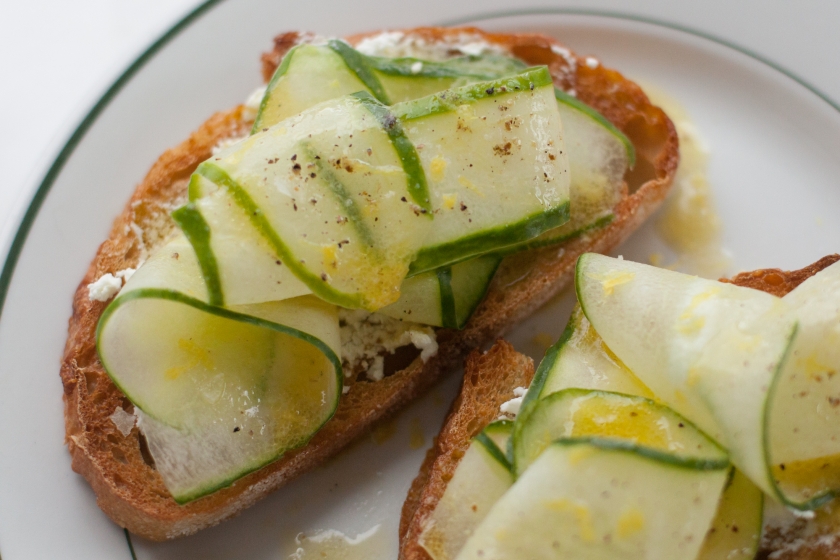 CUCUMBER, GOAT CHEESE, AND CILANTRO TARTINE WITH LEMON VINAIGRETTE