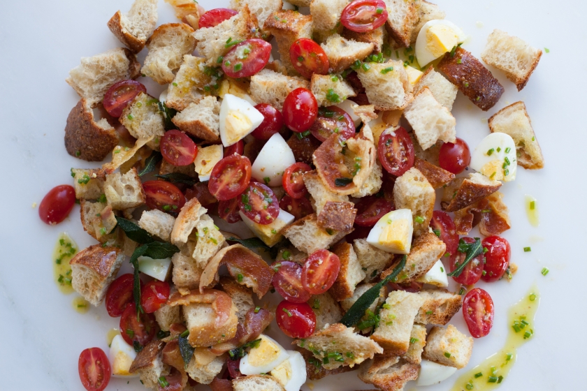 PANZANELLA WITH PANCETTA, HARD BOILED EGGS, CHERRY TOMATOES AND FRIED SAGE