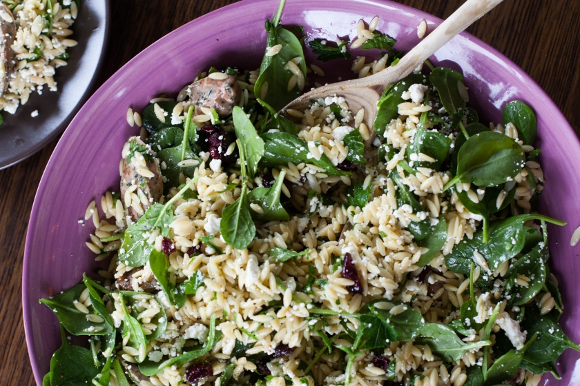 ORZO PASTA WITH SAUSAGE, SPINACH, FETA, AND DRIED CRANBERRIES