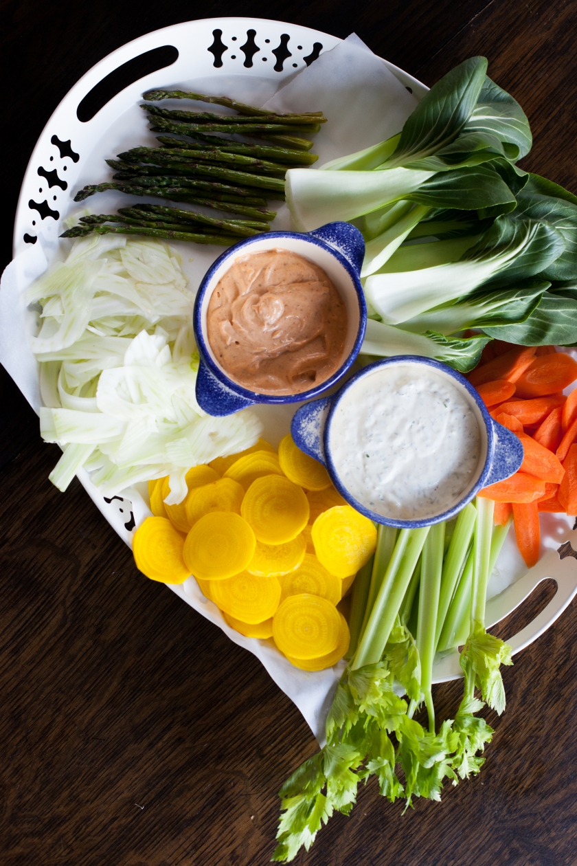 Crudités with Harissa Aioli and Caper Buttermilk Dip