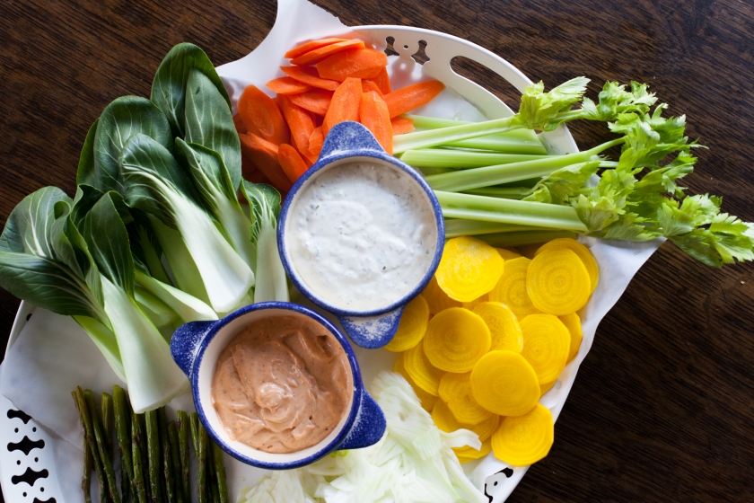 Crudités with Harissa Aioli and Caper Buttermilk Dip