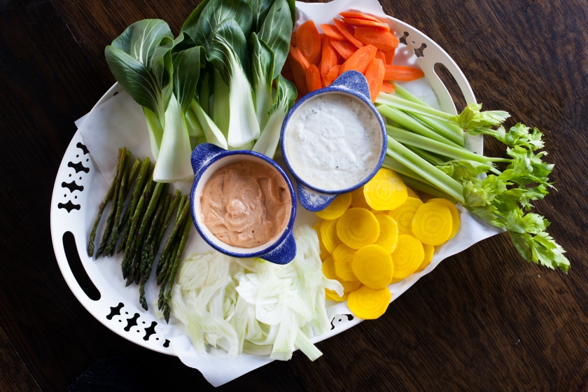 Crudités with Harissa Aioli and Caper Buttermilk Dip