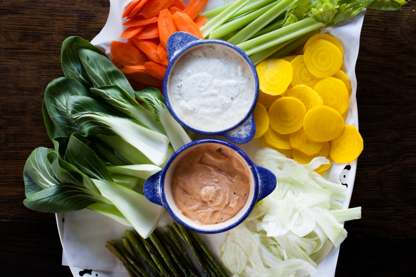 Crudités with Harissa Aioli and Caper Buttermilk Dip