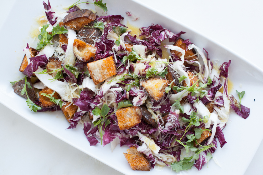 SHREDDED RADICCHIO SALAD WITH PAPRIKA CROUTONS, MICROGREENS, AND PARMESAN