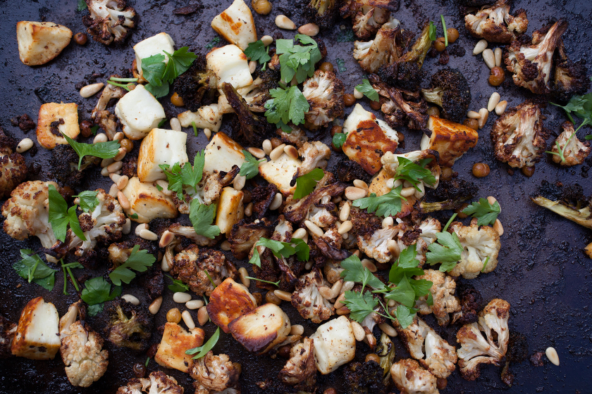 ROASTED CAULIFLOWER AND BROCCOLI WITH HALLOUMI, PINE NUTS AND A MUSTARD VINAIGRETTE