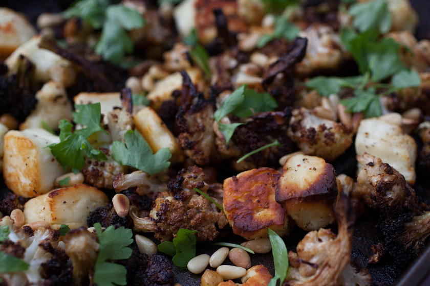 ROASTED CAULIFLOWER AND BROCCOLI WITH HALLOUMI, PINE NUTS AND A MUSTARD VINAIGRETTE