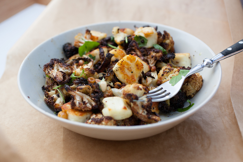ROASTED CAULIFLOWER AND BROCCOLI WITH HALLOUMI, PINE NUTS AND A MUSTARD VINAIGRETTE