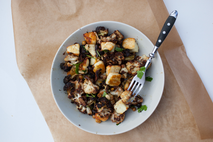 ROASTED CAULIFLOWER AND BROCCOLI WITH HALLOUMI, PINE NUTS AND A MUSTARD VINAIGRETTE