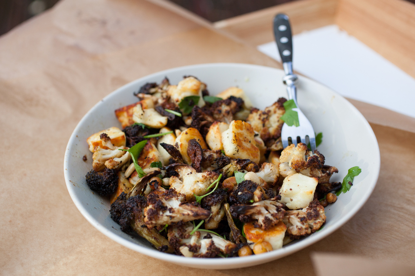 ROASTED CAULIFLOWER AND BROCCOLI WITH HALLOUMI, PINE NUTS AND A MUSTARD VINAIGRETTE